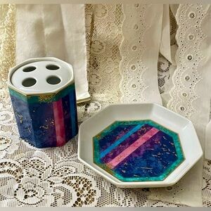 Vintage Jeweled Marble Bathroom Accessories, Toothbrush Holder and Soap Dish
